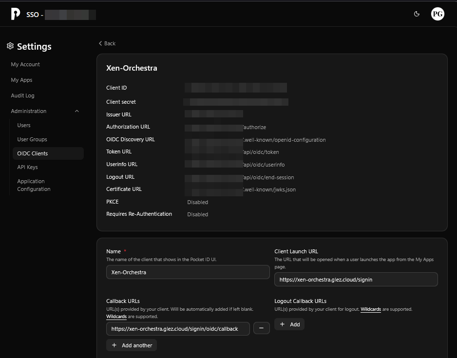 Detalles del nuevo OIDC client creado para Xen-Orchestra. Algunos detalles han sido difuminados, por privacidad.