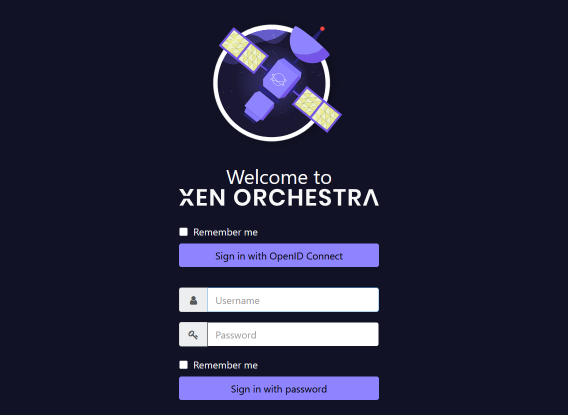 Pantalla de inicio de sesión de Xen-Orchestra, en la que se pueden ver dos métodos de inicio de sesión: OIDC o usuario y contraseña.